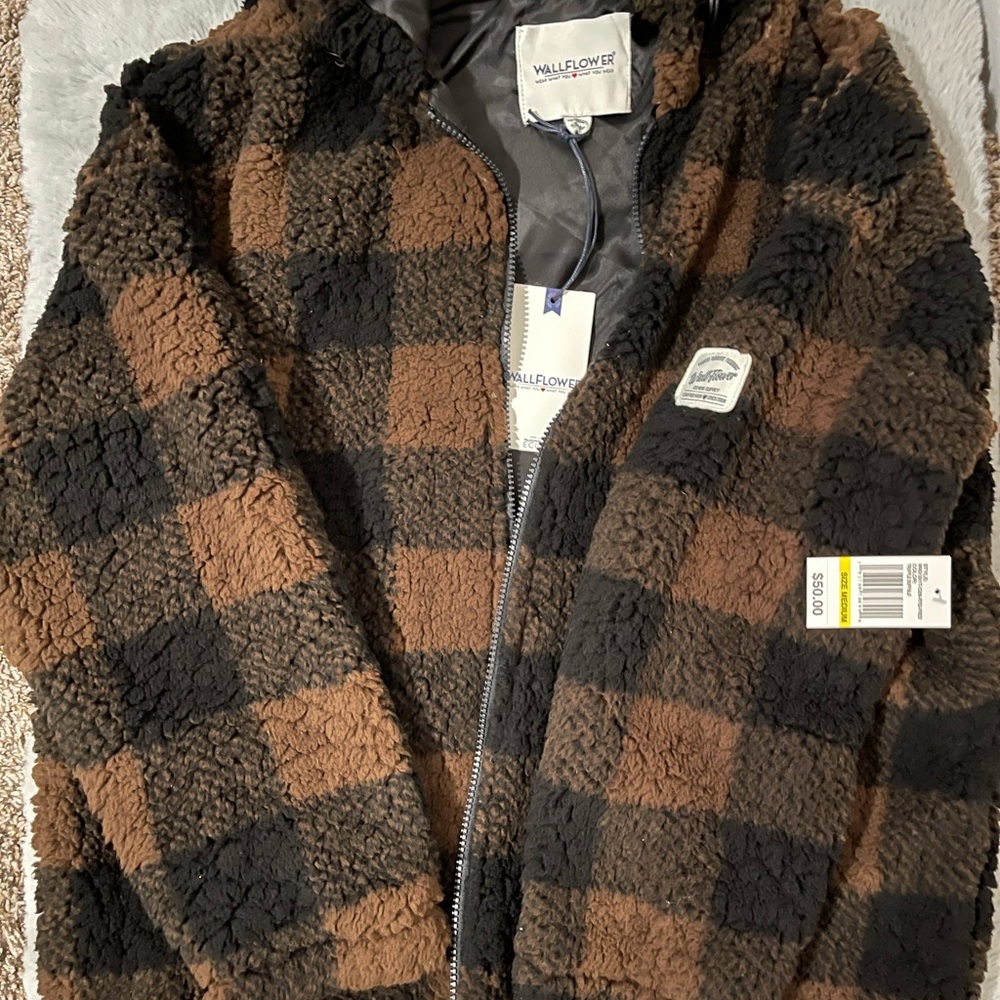 Wallflower Women’s Medium Sherpa Hooded Jacket, Brown and Black - Picture 3 of 3